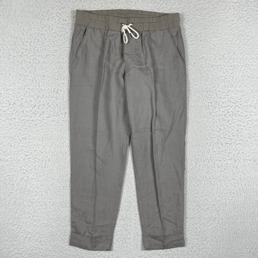 Athleta Bali Linen Pants Womens 8 Gray Tapered Drawstring Cuffed Coastal Summer